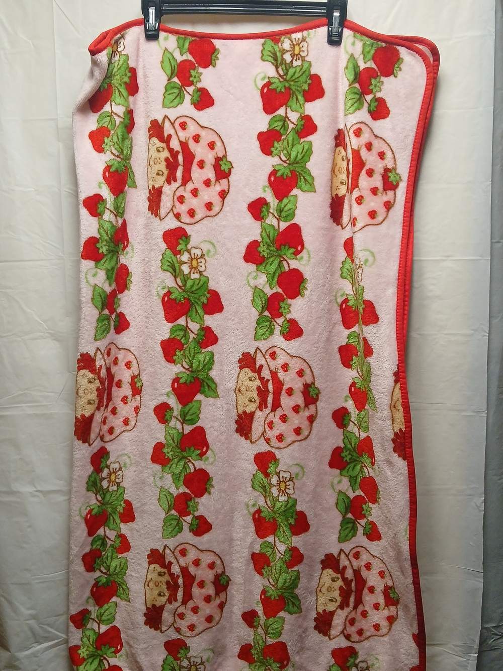 Pink Strawberry Shortcake Baby Blanket with Red Trim